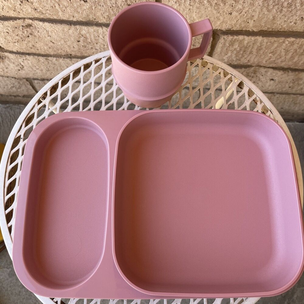 Tupperware Vintage Divided Tray And Cup Meal Mates Set Pink Mauve #1837